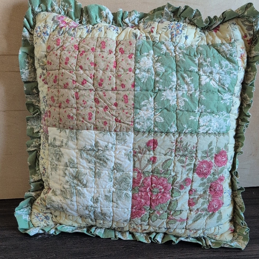 Floral Quilted Decorative Pillow with Ruffled Edge Cottagecore English Floral 18